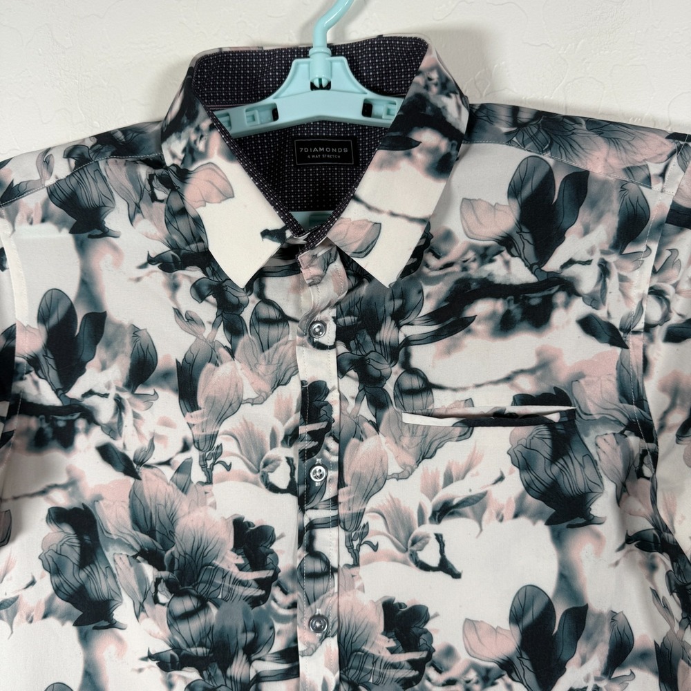 7 Diamonds Shirt Mens Medium White Blue 4 Way Stretch Button Up Floral Casual